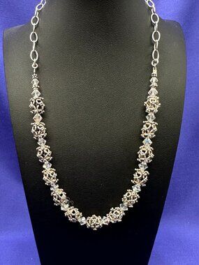 Sterling Silver .925 Open Work Ball Bead & AB Crystal Necklace
